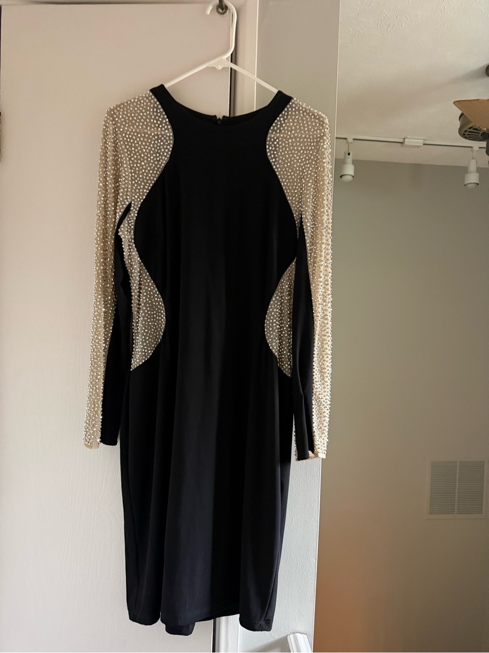 Black Dress with Pearled Illusion Sleeves - Women's 14 Evening Dress xscape